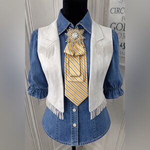 Necktie Necklace Yellow Blue Stripe Large Starburst Rhinestone Brooch Gold Chain